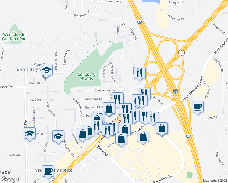 map of restaurants, bars, coffee shops, grocery stores, and more near 4803 Anniversary Lane in Madison