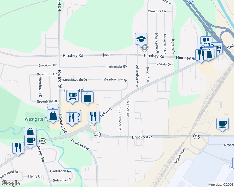 map of restaurants, bars, coffee shops, grocery stores, and more near 24 Ranch Village Lane in Rochester