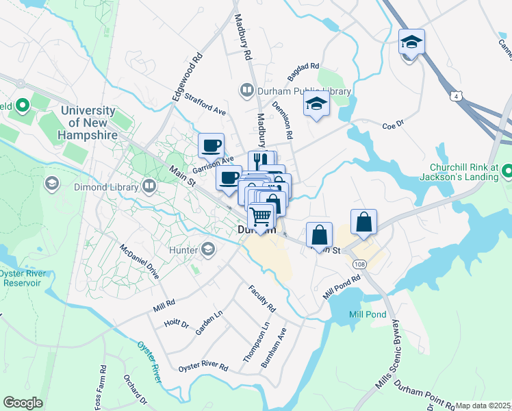 map of restaurants, bars, coffee shops, grocery stores, and more near 12 Mathes Terrace in Durham