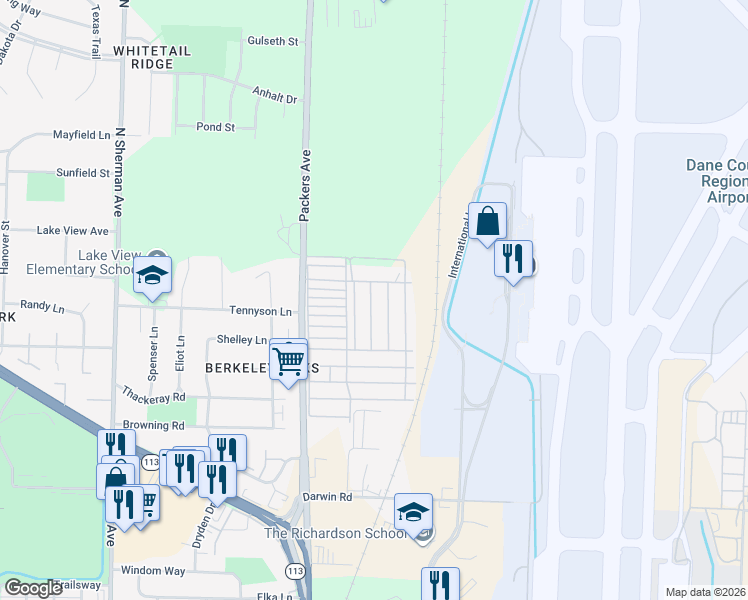 map of restaurants, bars, coffee shops, grocery stores, and more near Redwing Lane in Madison