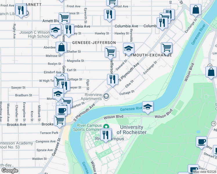 map of restaurants, bars, coffee shops, grocery stores, and more near 1181 South Plymouth Avenue in Rochester