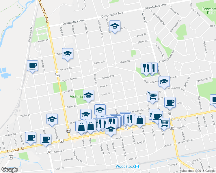 map of restaurants, bars, coffee shops, grocery stores, and more near 520 Mary Street in Woodstock