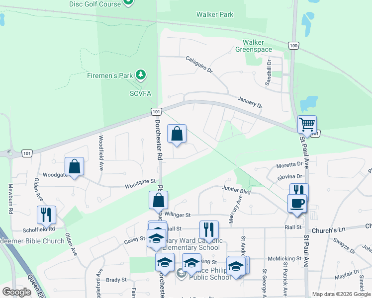 map of restaurants, bars, coffee shops, grocery stores, and more near 6770 Topaz Crescent in Niagara Falls