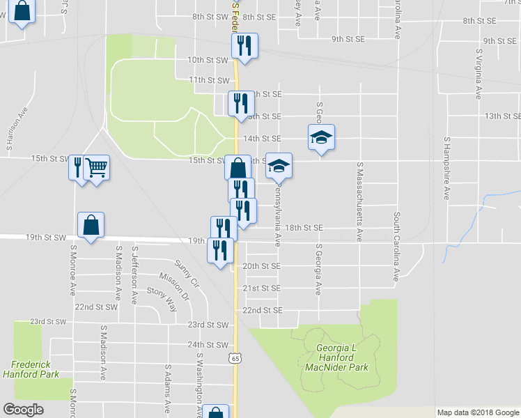 map of restaurants, bars, coffee shops, grocery stores, and more near 1703 South Delaware Avenue in Mason City
