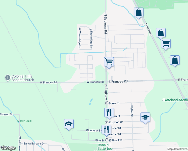 map of restaurants, bars, coffee shops, grocery stores, and more near 115 Lisbon Lane in Mount Morris