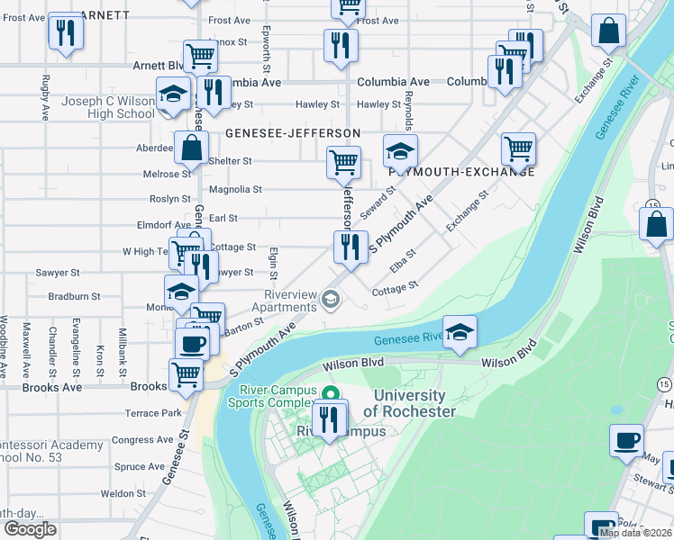 map of restaurants, bars, coffee shops, grocery stores, and more near 1181 Plymouth Ave S in Rochester