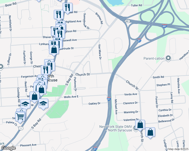 map of restaurants, bars, coffee shops, grocery stores, and more near 309 Church Street in North Syracuse