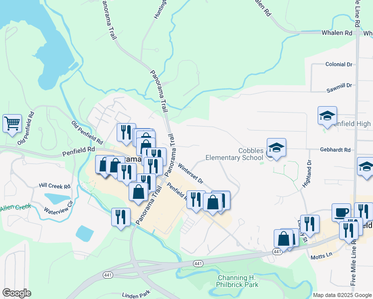 map of restaurants, bars, coffee shops, grocery stores, and more near 520 Panorama Trail in Rochester