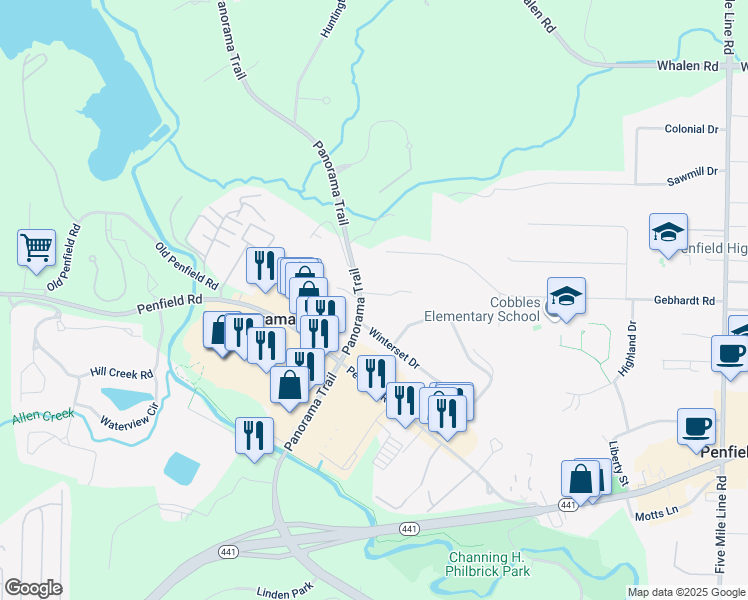 map of restaurants, bars, coffee shops, grocery stores, and more near 3 Mountain Lane in Rochester
