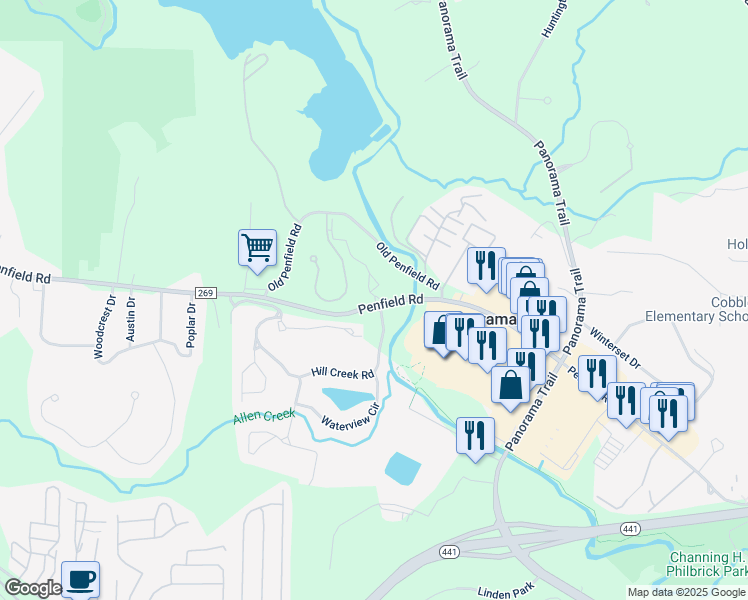 map of restaurants, bars, coffee shops, grocery stores, and more near 400 Shady Run Lane in Rochester