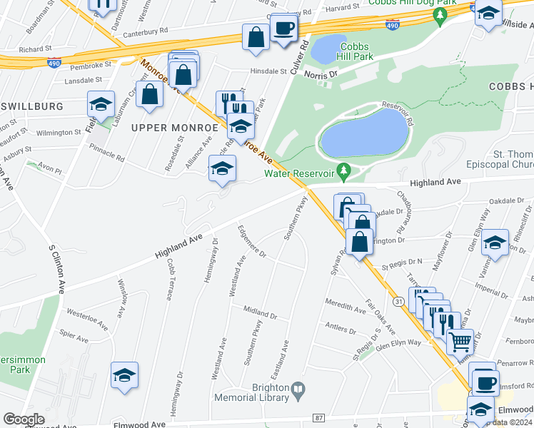 map of restaurants, bars, coffee shops, grocery stores, and more near 1350 Highland Avenue in Rochester