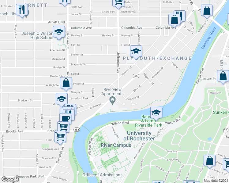 map of restaurants, bars, coffee shops, grocery stores, and more near 251 Cottage Street in Rochester