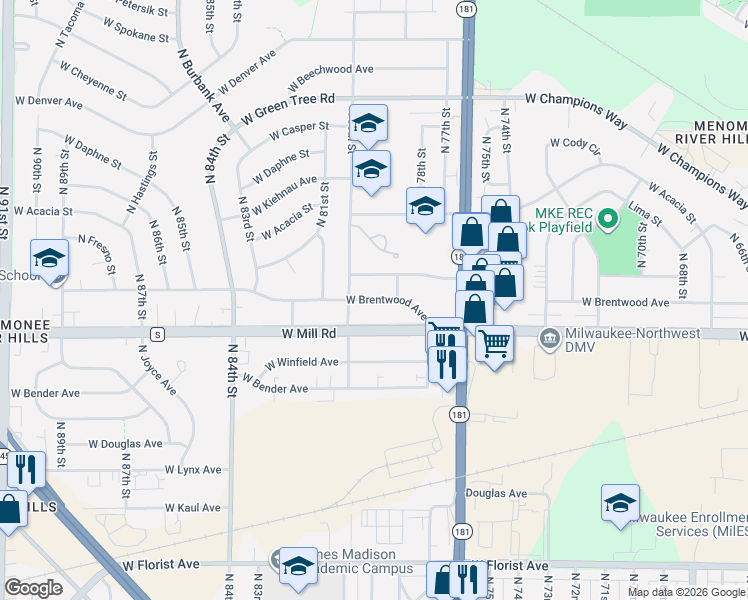 map of restaurants, bars, coffee shops, grocery stores, and more near 7826 West Brentwood Avenue in Milwaukee