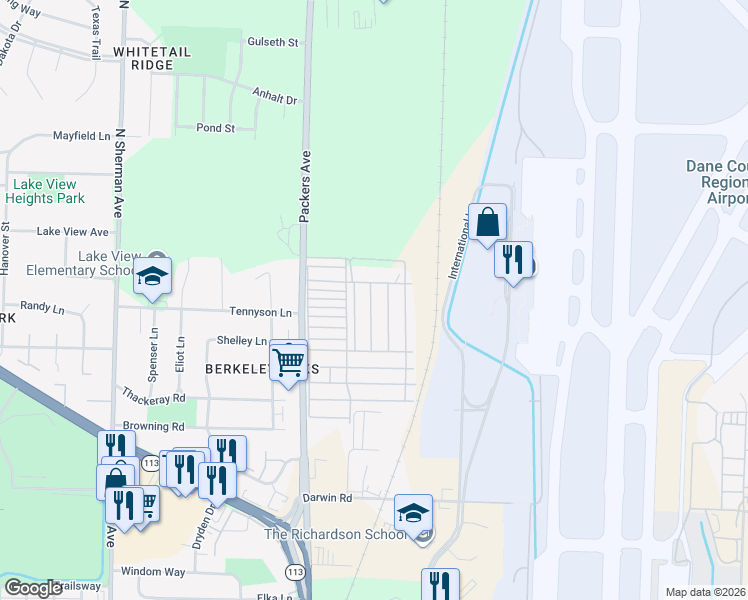 map of restaurants, bars, coffee shops, grocery stores, and more near Redwing Lane in Madison