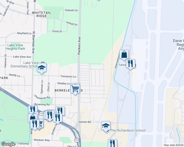map of restaurants, bars, coffee shops, grocery stores, and more near 361-399 East Main Lane in Madison