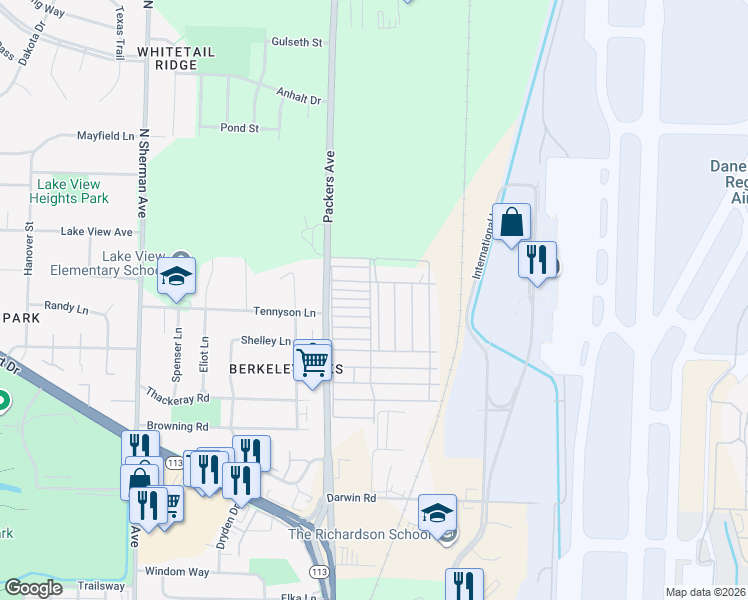 map of restaurants, bars, coffee shops, grocery stores, and more near 361-399 East Main Lane in Madison