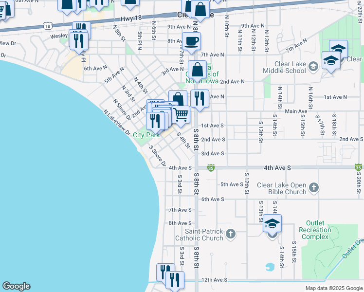 map of restaurants, bars, coffee shops, grocery stores, and more near 108 South 4th Street in Clear Lake
