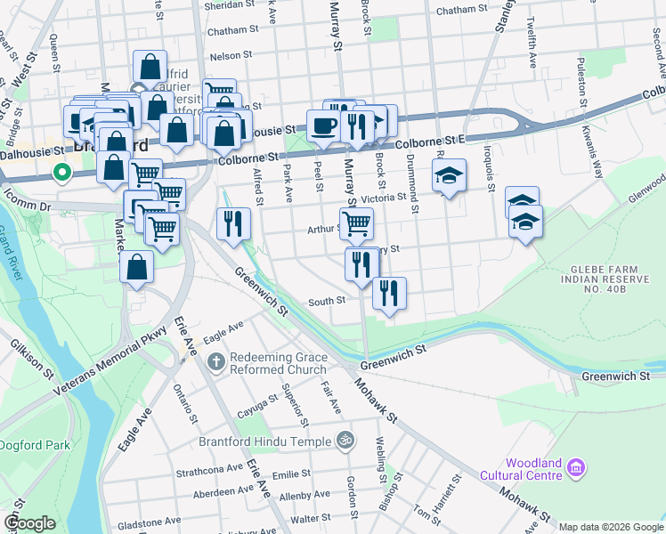 map of restaurants, bars, coffee shops, grocery stores, and more near 11 Sarah Street in Brantford