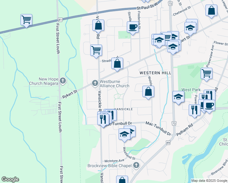 map of restaurants, bars, coffee shops, grocery stores, and more near 6 Brown Drive in Saint Catharines