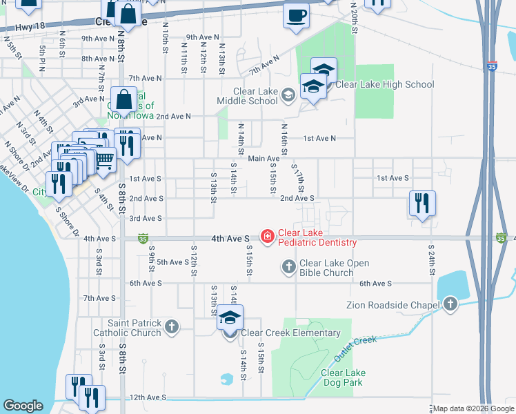 map of restaurants, bars, coffee shops, grocery stores, and more near 1419 2nd Avenue South in Clear Lake