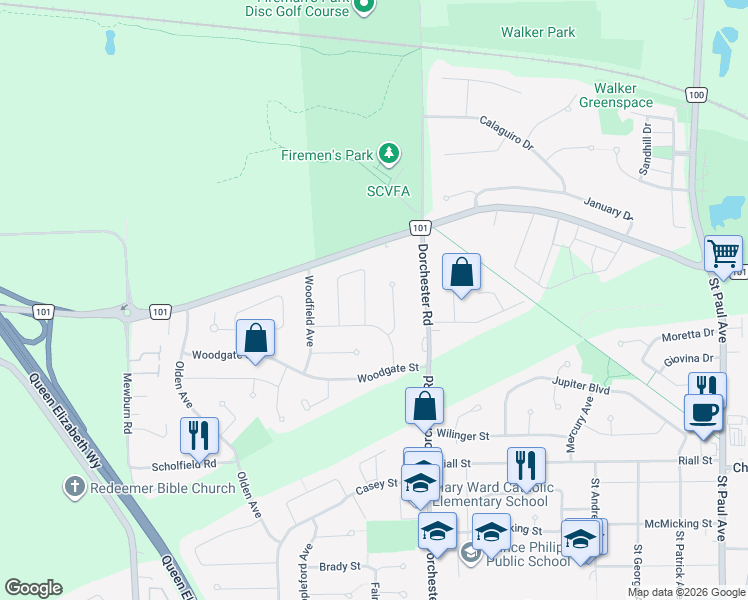 map of restaurants, bars, coffee shops, grocery stores, and more near 2527 Noella Crescent in Niagara Falls