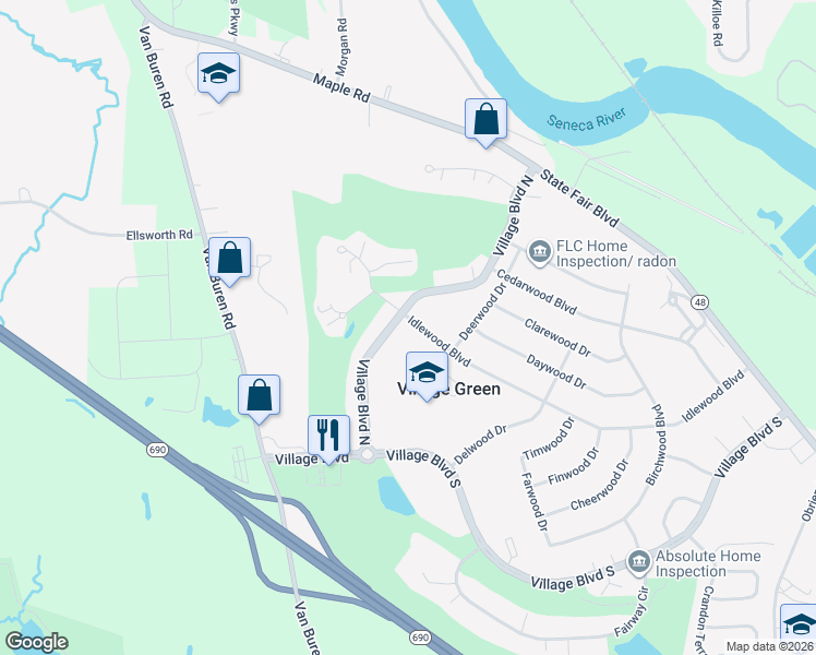 map of restaurants, bars, coffee shops, grocery stores, and more near 425 Village Boulevard North in Baldwinsville