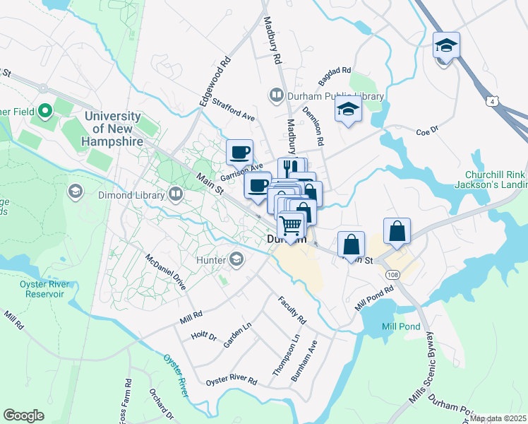 map of restaurants, bars, coffee shops, grocery stores, and more near 70 Main Street in Durham
