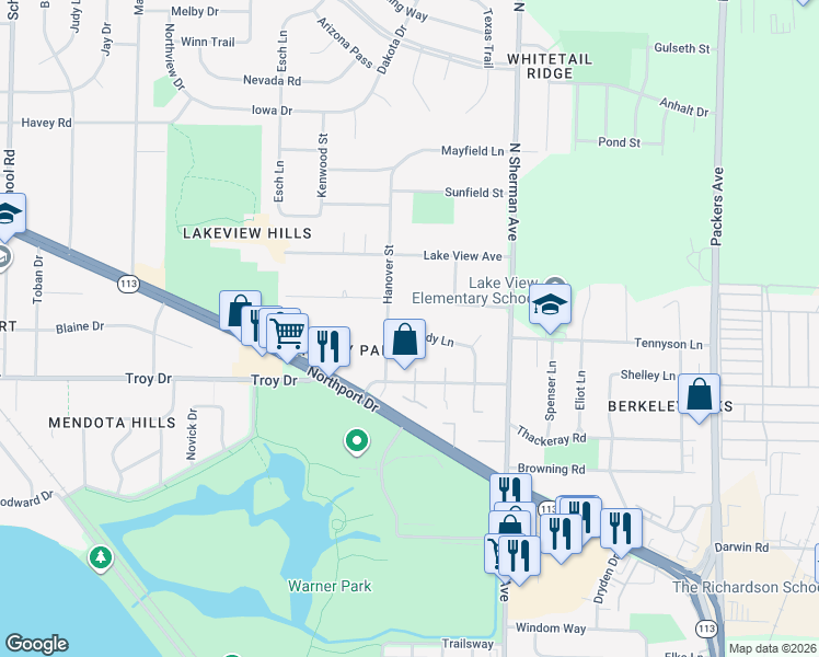 map of restaurants, bars, coffee shops, grocery stores, and more near 1614 Randy Lane in Madison