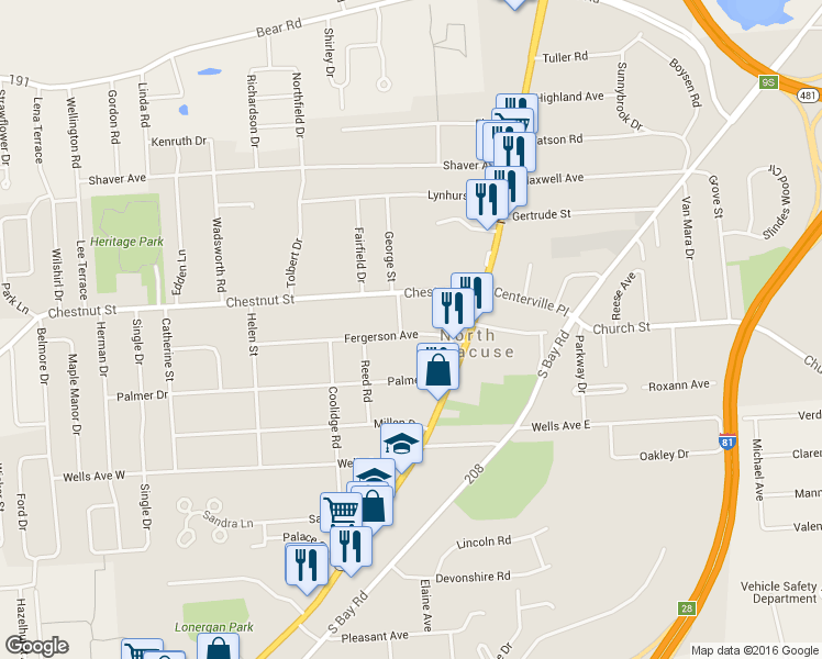 map of restaurants, bars, coffee shops, grocery stores, and more near 120 Fergerson Avenue in Syracuse