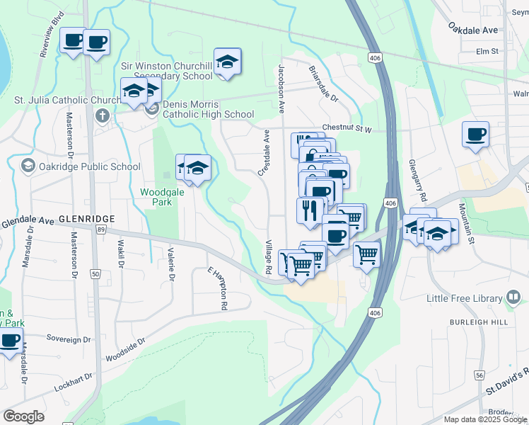 map of restaurants, bars, coffee shops, grocery stores, and more near 120 Village Road in St. Catharines