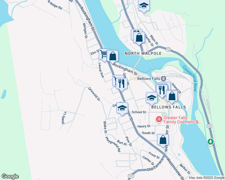 map of restaurants, bars, coffee shops, grocery stores, and more near 66 Williams Street in Town of Rockingham
