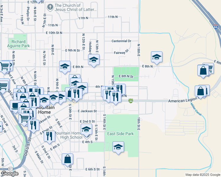 map of restaurants, bars, coffee shops, grocery stores, and more near 1485 East 5th North in Mountain Home