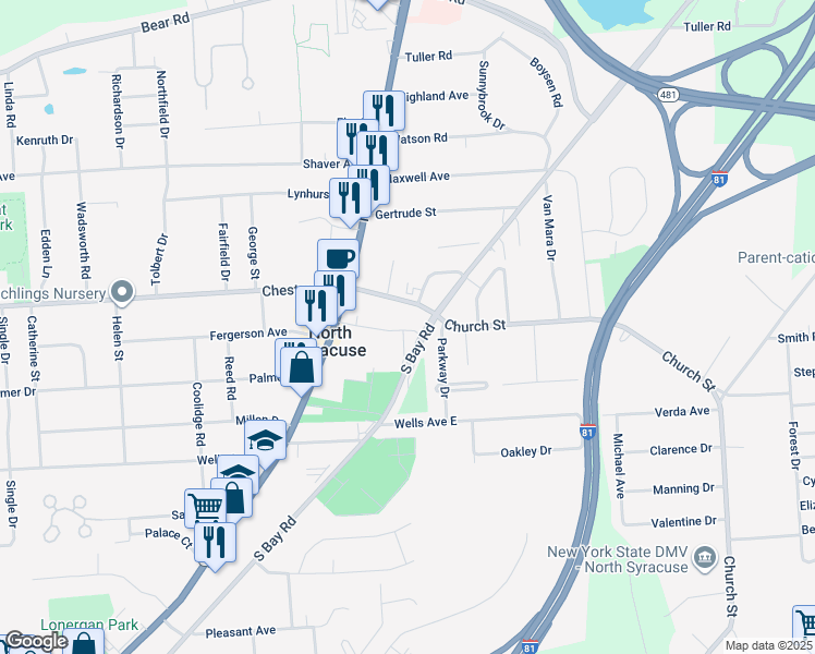 map of restaurants, bars, coffee shops, grocery stores, and more near 700 South Bay Road in Syracuse