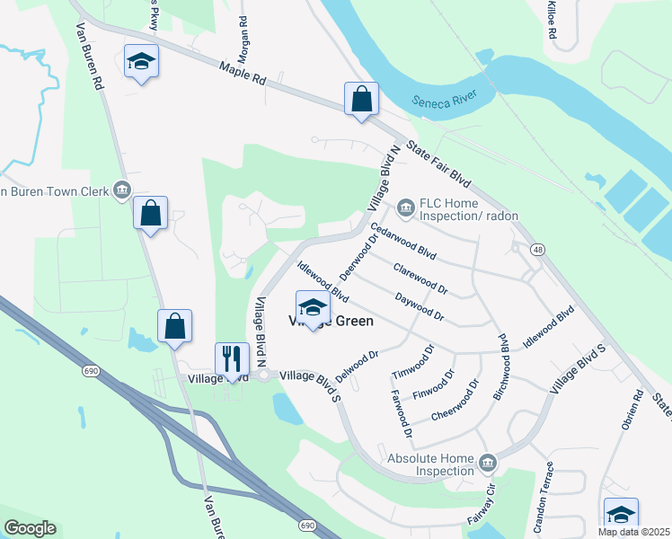 map of restaurants, bars, coffee shops, grocery stores, and more near 214 Deerwood Drive in Baldwinsville
