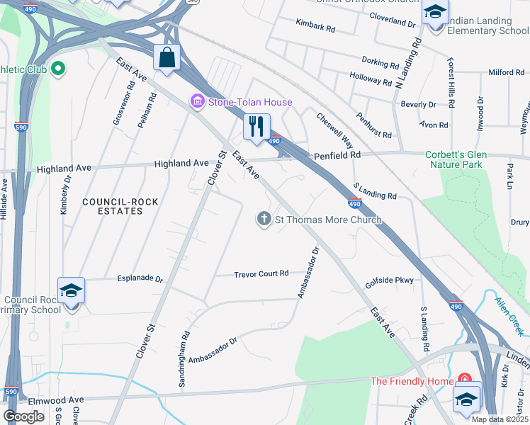 map of restaurants, bars, coffee shops, grocery stores, and more near 2585 East Avenue in Rochester