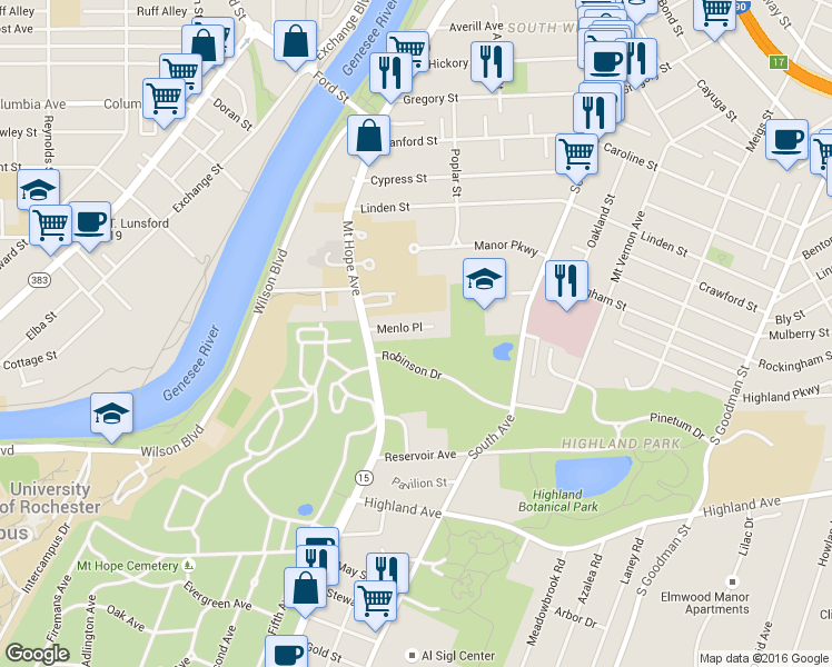map of restaurants, bars, coffee shops, grocery stores, and more near 35 Menlo Place in Rochester
