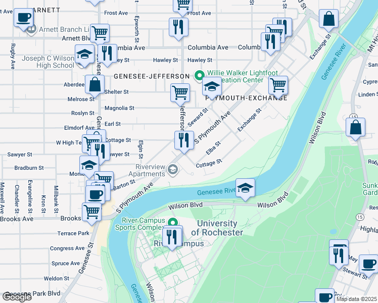 map of restaurants, bars, coffee shops, grocery stores, and more near 1128 South Plymouth Avenue in Rochester