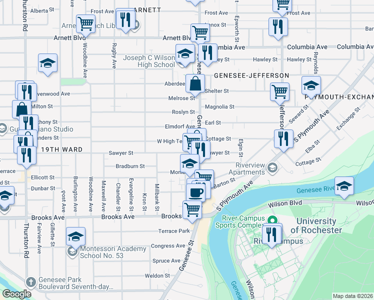 map of restaurants, bars, coffee shops, grocery stores, and more near 29 West High Terrace in Rochester