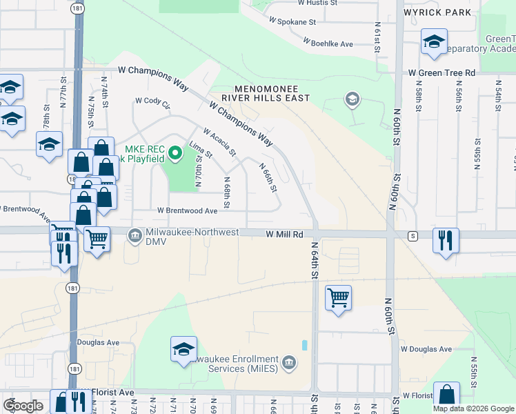 map of restaurants, bars, coffee shops, grocery stores, and more near 6643 West Clovernook Court in Milwaukee