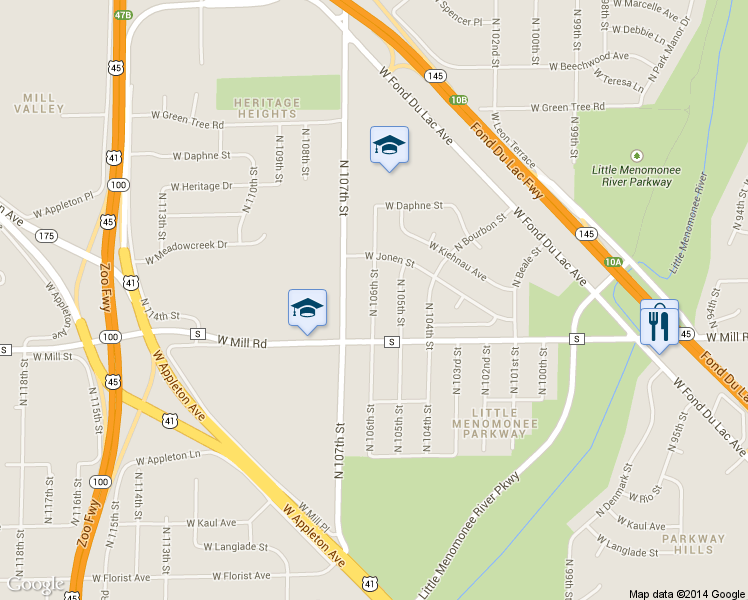 map of restaurants, bars, coffee shops, grocery stores, and more near 6457 North 106th Street in Milwaukee