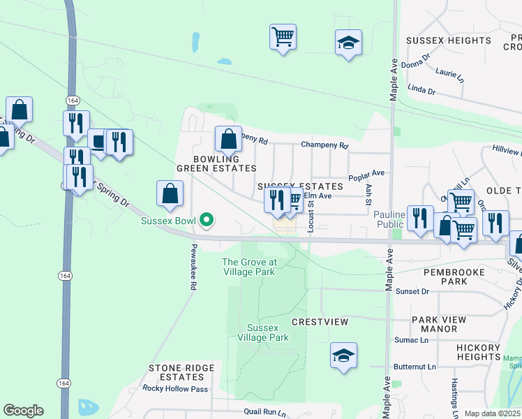 map of restaurants, bars, coffee shops, grocery stores, and more near N64W24366 Ivy Avenue in Sussex
