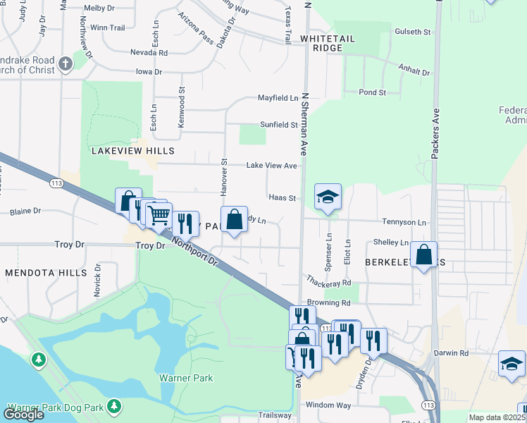 map of restaurants, bars, coffee shops, grocery stores, and more near 1639 Haas Street in Madison