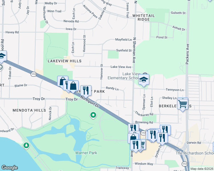map of restaurants, bars, coffee shops, grocery stores, and more near 1614 Randy Lane in Madison