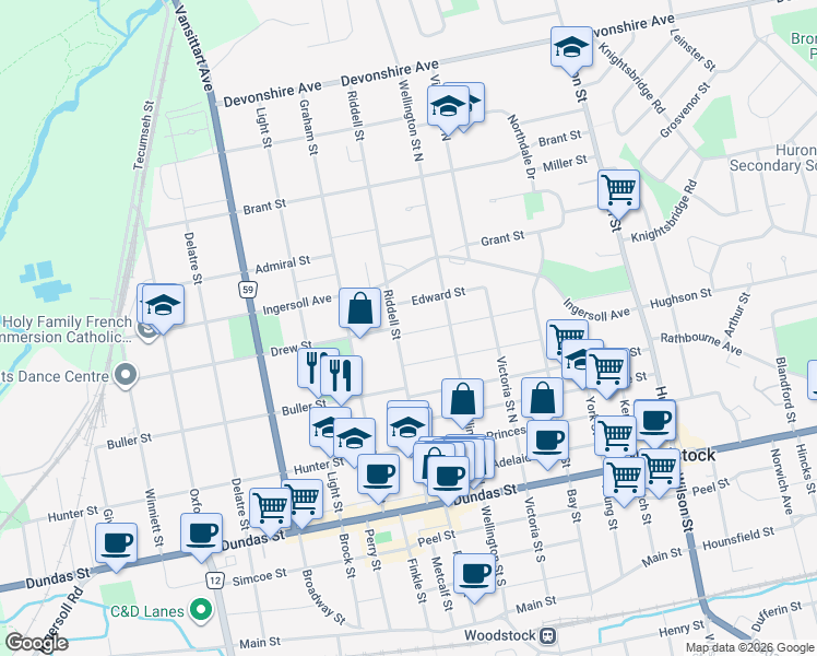 map of restaurants, bars, coffee shops, grocery stores, and more near 495 Mary Street in Woodstock