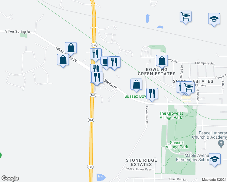 map of restaurants, bars, coffee shops, grocery stores, and more near N64W24879 Main Street in Sussex