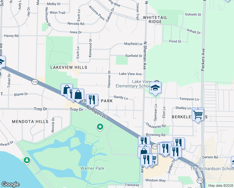 map of restaurants, bars, coffee shops, grocery stores, and more near 1614 Randy Lane in Madison