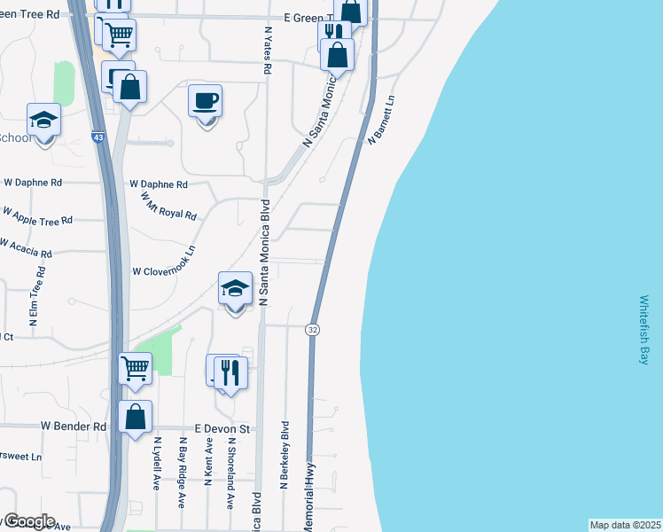 map of restaurants, bars, coffee shops, grocery stores, and more near 6454 North Lake Drive in Fox Point