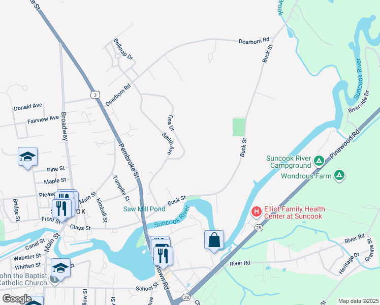 map of restaurants, bars, coffee shops, grocery stores, and more near 133 Tina Drive in Suncook