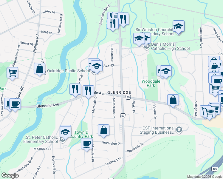 map of restaurants, bars, coffee shops, grocery stores, and more near 48 Masterson Drive in St. Catharines