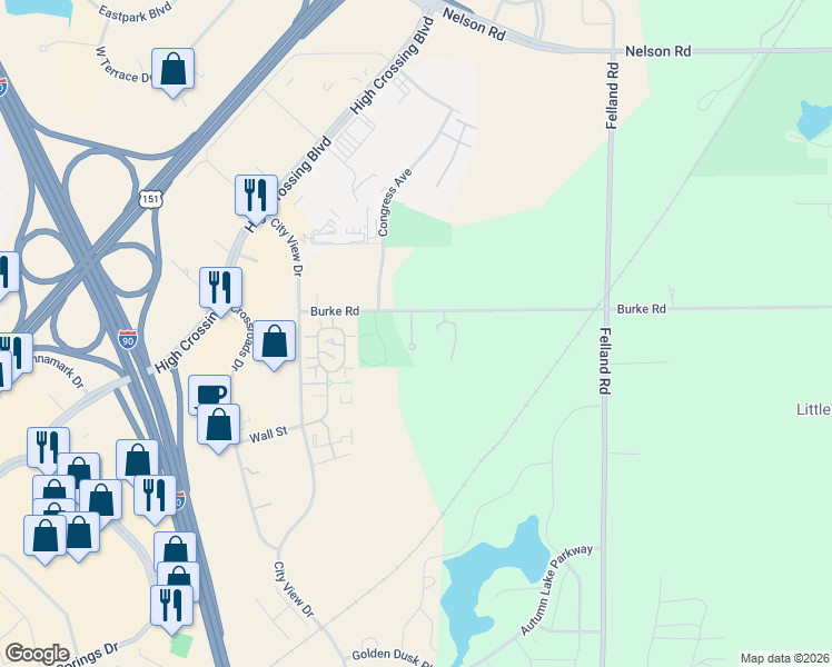 map of restaurants, bars, coffee shops, grocery stores, and more near 5555 Burke Road in Madison